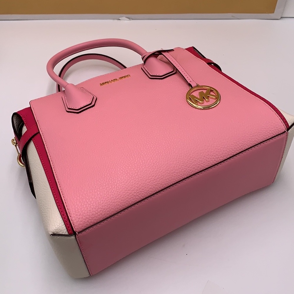 MICHAEL KORS Mercer Md Top ZipColor-Block Belted Satchel Crossbody Purse El Pink - Picture 14 of 16